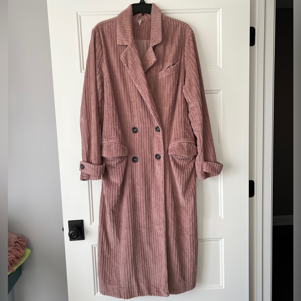 Free People Abbey Road Duster Oversized Corduroy Trench Coat -Sz L- Dusty Pink